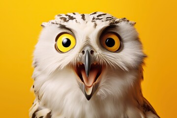 Fototapeta premium Studio portrait of surprised owl, isolated on yellow background