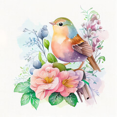Bird and flowers in watercolor style on white background