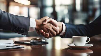 Fototapeta na wymiar Business handshake, two corporate men shaking hands, making a deal in office