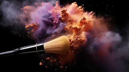 Makeup brush with pink and purple powder explosion: colourful beauty splash, closeup of cosmetic product burst - obrazy, fototapety, plakaty