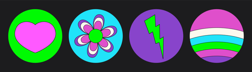 Groovy hippie circle sticker 70s set. Funny cartoon bright neon colors - flower, love, rainbow, peace, heart, daisy, mushroom, eye. Psychedelic pack in trendy retro style. Isolated vector illustration