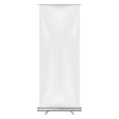 Blank vertical roll-up banner stand vector mock-up. Pull-up roller retractable standee mockup. White pop-up advertising display template - 626635932
