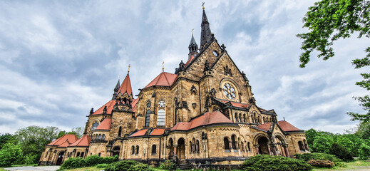 Saint Martin church in Neustadt, Dresden, Germany. Amazing architecture with high towers and red...