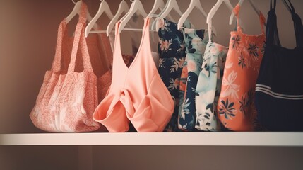 A set of folded swimsuits and beachwear on a shelf. created with Generative AI technology