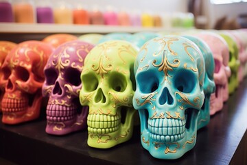 A row of colorful sugar skulls sitting on top of a table.