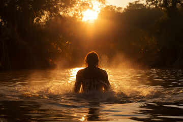 Rear view of person being baptized waist deep in river with sun flare - obrazy, fototapety, plakaty