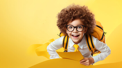 Yellow banner with cute curly boy in glasses with school backpack copy space for text, AI generated