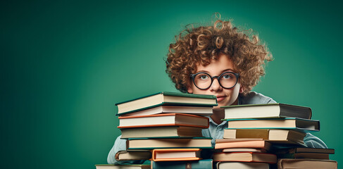 Green banner with cute curly boy with glasses and books AI generated copy space for text