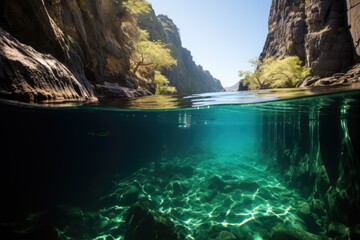 Obraz premium The water is clear and the rocks are in the water. Transparent lake, split frame, over water and under water.