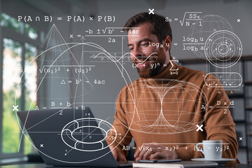 Thoughtful businessman in casual wear typing on laptop at office workplace. Concept of hard work, business education, internet surfing, information technology. Education hologram