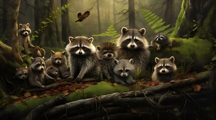 friendly pictures of a racoon family in the jungle