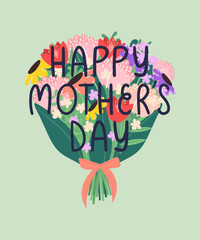 Happy mother's day greeting card. Bouquet with blooming flowers and greeting inscription. Vector illustration.