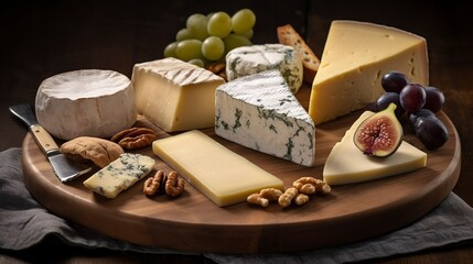 A selection of artisanal cheeses displayed on a wooden cheeseboard. created with Generative AI technology