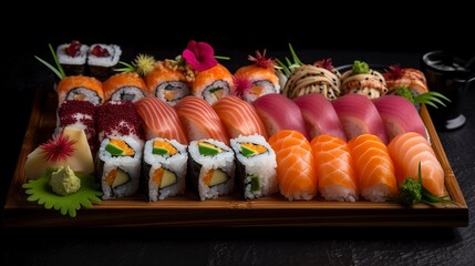 A tray of appetizing sushi rolls and sashimi pieces arranged in an artistic manner. Created with AI Technology


