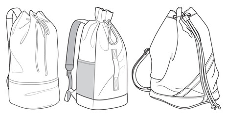 Set of drawstring Backpack bag flat sketch fashion illustration drawing template mock up, Backpack cad drawing. Bucket bag backpack flat sketch vector