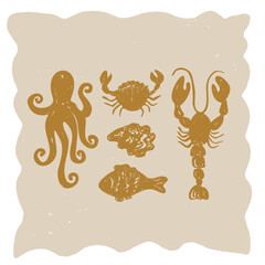 Seafood with crabs, lobsters, fish, squids and texture background. Sea shellfish drawn ink vector illustration grunge style. Design element with texture for template, flyer, packaging, menu, postcard