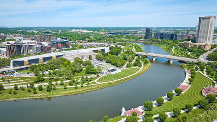 Greenway and promenade in downtown Columbus Ohio in Center of Science and Industry aerial