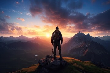 Fototapeta premium Hiker at the summit of a mountain overlooking a stunning view. Apex silhouette cliffs and valley landscape at sunset.