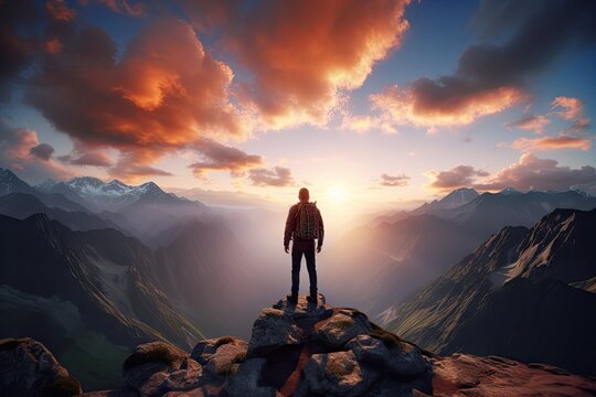 Hiker At The Summit Of A Mountain Overlooking A Stunning View. Apex Silhouette Cliffs And Valley Landscape At Sunset.