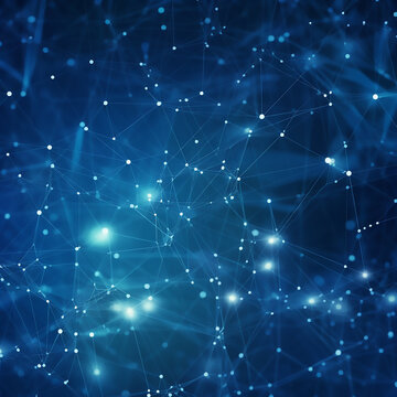 Blue network mesh grid wireframe with blue particle dots over blue background, technology network, communication or connection concept