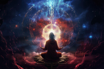 Woman silhouette meditating on cosmic background. Spiritual awakening and meditation concept. Astral body afterlife