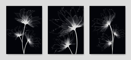 Black and white floral art background hand drawn in x-ray style. Botanical vector set with flowers for poster design, print, wallpaper, interior design, packaging, invitations, cover.