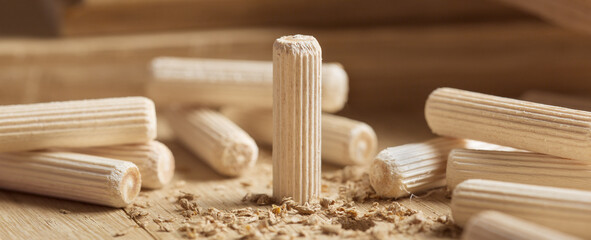 hole in wooden oak board for wooden dowel. carpentry industry.