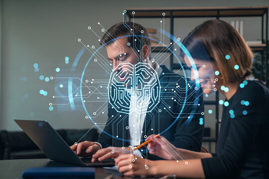 Thoughtful businesspeople working together at office workplace. Concept of team work, business education, internet surfing, brainstorm, project information technology. Ai technology icons