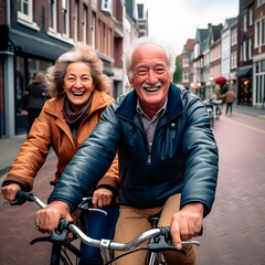 Grandfather and grandmother on a bicycle.