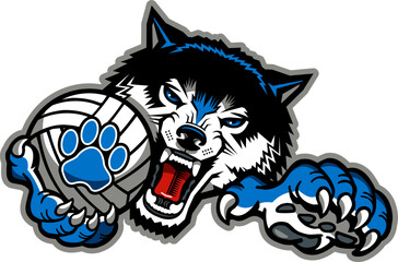 wolf mascot with volleyball for school, college or league sports