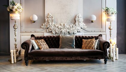 Luxurious sofa in a modern interior, decorated with decor