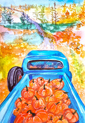Watercolor blue van with pumpkins riding in the forest autumn season vibe illustration 