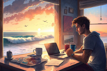 ai generated illustration man working  at computer desk with sea resort window view
