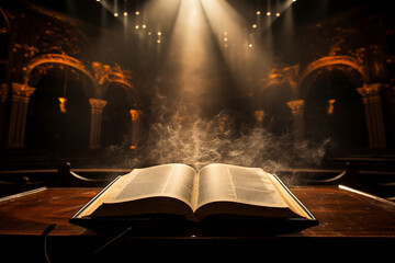 Angled overhead shot of a bible open on a pulpit with shafts of light