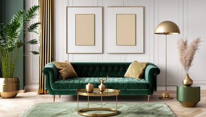 Luxury living room in house with modern interior design, green velvet sofa, coffee table, pouf, gold decoration, plant, lamp, carpet, mock up poster frame and elegant accessories
