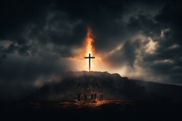 Obraz premium Low angle view of a glowing cross against a dark dramatic sky