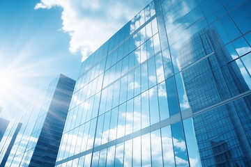 Plakat Reflective skyscrapers, business office buildings. Low angle photography of glass curtain wall details of high-rise buildings.The window glass reflects the blue sky and white clouds. . High quality