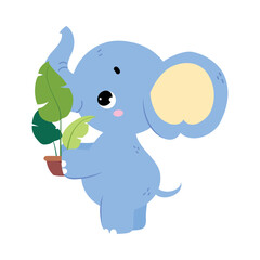 Cute Baby Elephant Character with Trunk Hold Houseplant in Pot Vector Illustration
