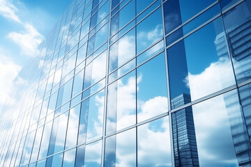 Reflective skyscrapers, business office buildings. Low angle photography of glass curtain wall details of high-rise buildings.The window glass reflects the blue sky and white clouds. . High quality