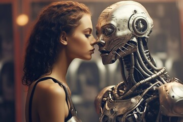 Futuristic love story of a woman kissing robot, romantic couple in a digital world, exploring AI and human relationship - obrazy, fototapety, plakaty
