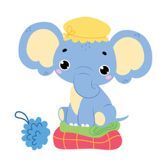Cute Baby Elephant Character with Trunk Sitting on Towel Vector Illustration