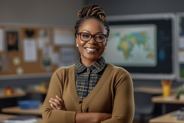 Portrait of smiling african woman teacher posing with arms crossed in classroom, elementary to university educatio