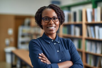 Portrait of smiling african woman teacher posing with arms crossed in classroom, elementary to university educatio
