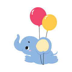 Cute Baby Elephant Character with Trunk Flying with Balloons Vector Illustration