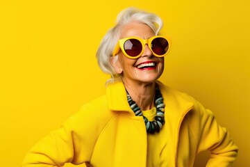 Happy senior woman in colorful yellow outfit, cool sunglasses, laughing and having fun in fashion studio - obrazy, fototapety, plakaty