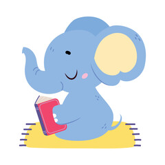 Cute Baby Elephant Character with Trunk Reading Book Vector Illustration