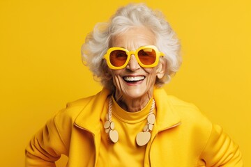 Happy senior woman in colorful yellow outfit, cool sunglasses, laughing and having fun in fashion studio