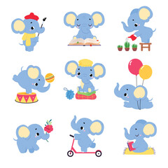 Cute Baby Elephant Character with Trunk Engaged in Different Activity Vector Set