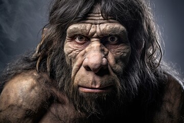 Naklejka na ściany i meble Portrait of a neanderthal man, prehistoric human, tribal caveman in a dark cave, hunter from prehistory era