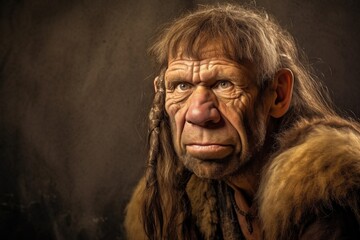 Portrait of a neanderthal man, prehistoric human, tribal caveman in a dark cave, hunter from prehistory era
